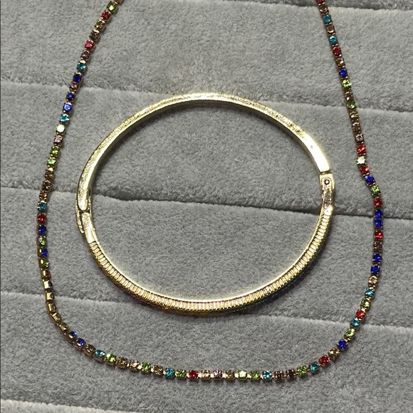 Colorful Gemstone Gold Tone Jewelry Set Necklace & Bracelet Set Matching Pair - Picture 7 of 11